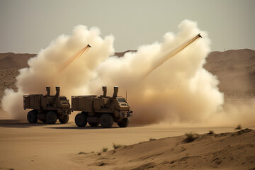 Fototapeta na wymiar Truck based anti aircraft missile launchers fire in the desert.