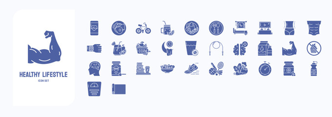 Fototapeta na wymiar A collection sheet of solid icons for Healthy Lifestyle, including icons like Breakfast, Cycle, Diet meal, Diet and more
