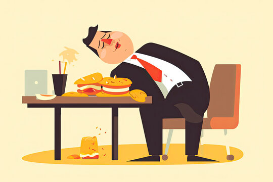 vector illustration of lazy businessman eating fast food