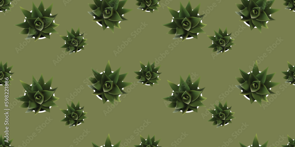 Poster seamless texture of many green plants in flowerpot - pattern on dark wide scale background - seasona