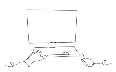 Continuous line drawing of person working or chatting at computer, remote work. Business work on PC monitor, writing book, coding or creative work, freelancing. Vector