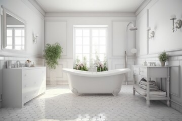 Obraz na płótnie Canvas Modern bathroom interior with bathtub. Illustration. AI Generated