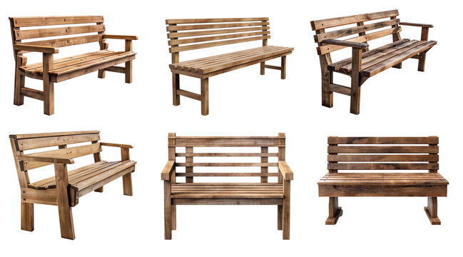 A collection of six different wooden garden benches on a transparent background, Generative AI