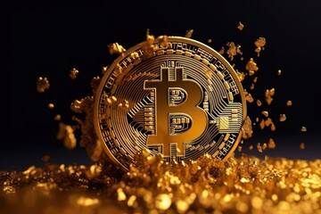 Golden bitcoin on gold nuggets background. Cryptocurrency concept, generative Ai