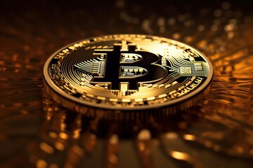 Golden bitcoin on a gold background. 3d illustration. Cryptocurrency, generative Ai
