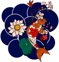 Beautiful line art Koi carp tattoo design ,Black and white koi fish and flower.Traditional Japanese culture art for printing on white background.Cherry blossom vector.