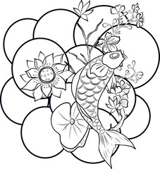 Beautiful line art Koi carp tattoo design ,Black and white koi fish and flower.Traditional Japanese culture art for printing on white background.Cherry blossom vector.