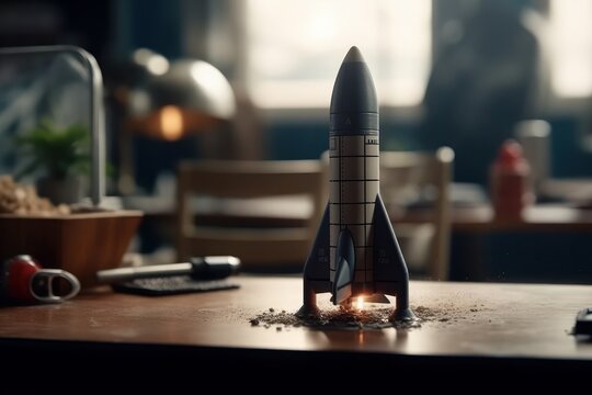 Rocket launch on the table in office. Business startup concept. Vintage tone, generative Ai