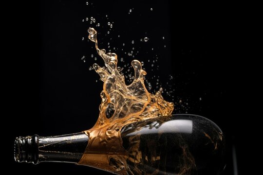 A champagne bottle pops with liquid splashing on black background. Generative AI