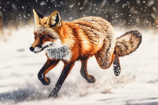 Watercolor painting of a red fox running in snowy wild nature. Generative AI
