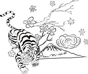 Doodle art style tiger face with cherry flower and rising sun tattoo.Tiger  traditional tattoo.Line art tiger with sakura and Hibiscus flower tattoo.Traditional Japanese culture for printing