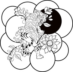 Doodle art style tiger face with cherry flower and rising sun tattoo.Tiger  traditional tattoo.Line art tiger with sakura and Hibiscus flower tattoo.Traditional Japanese culture for printing