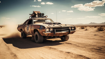 Fototapeta na wymiar Highly customized rusty car rushes through the desert. Generative AI