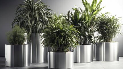 Single-planted, post-industrial aluminium planters with big center plants. AI generated