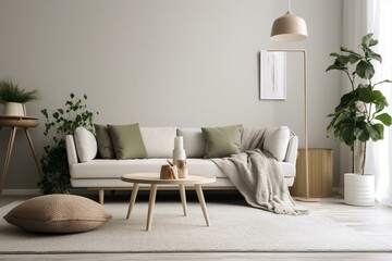Scandi-style, bright living room with white sofa, floor lamp, and green plant on laminate floor. Cozy mockup. Generative AI