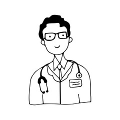 Male doctor icon in hand drawn style on isolated white background.