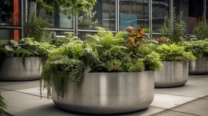 Single-planted, post-industrial aluminium planters with big center plants. AI generated