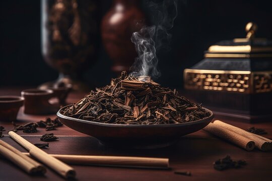 Aromatic agarwood chips and fragrant oud incense sticks. Generative AI