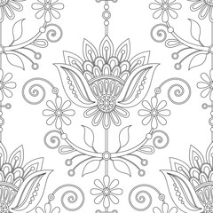 Seamless Pattern with Flower Inspired by Ukrainian Traditional Embroidery. Ethnic Floral Motif, Handmade Craft Art. Textile, Wrapping Paper, Wallpaper. Coloring Book. Vector Contour Illustration