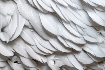 Dense background of white feathers. Close up texture of white swan feather or angel wing. Flat lay bird plumage. Copy space. High resolution. Generative AI, human enhanced