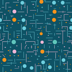 Cosmic Pixels: A Seamless Pattern of Abstract Lines and Dots with Starry Skies in a Pixelated Style
