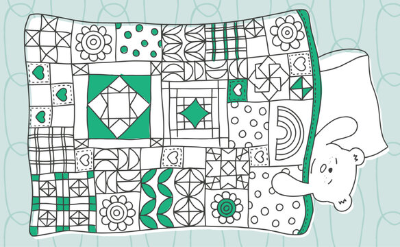 Cute hand drawn illustration of bear sleeping with quilt blanket. Quilt patchwork pattern design