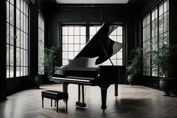 Grand Elegant Black Piano In Luxury Modern Spacious Space - Generative AI