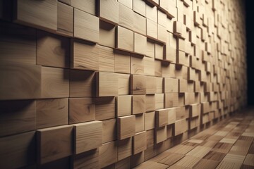 Rectangular blocks arranged as 3D tiles create a soft sheen wall with a natural wood background. This scene is a 3D rendering. Generative AI