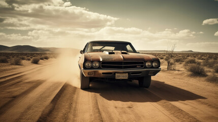 Obraz na płótnie Canvas Highly customized rusty car rushes through the desert. Generative AI