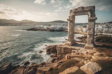 View of iconic Portara gate on Naxos island, Greece with town and harbour in background. Generative AI - obrazy, fototapety, plakaty