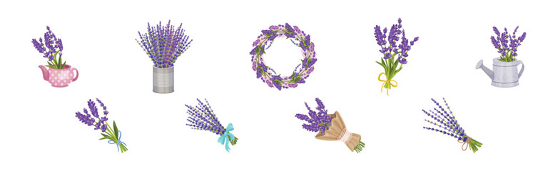 Bunch of Purple Lavender Twigs in Pot and Vase Vector Set