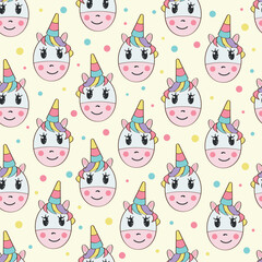 Childish seamless pattern with a cute unicorn on a yellow background.