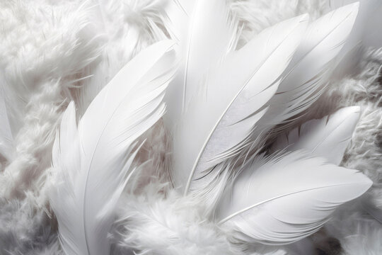 Dense background of white feathers. Close up texture of white swan feather or angel wing. Bird plumage. Copy space. High resolution. Generative AI, human enhanced