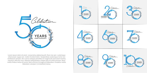 set of anniversary logotype blue color with silver leaf for special celebration event