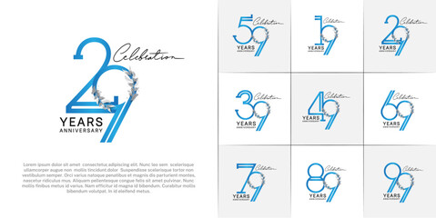 set of anniversary logotype blue color with silver leaf for special celebration event