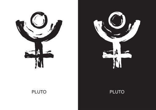 Poster of Pluto astrological symbol in two color versions. Planet glyph. Black ink handwriting. Vector.
