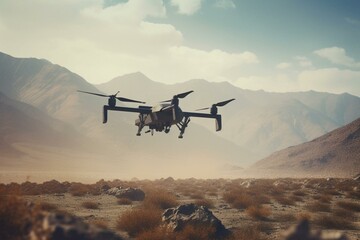 Fototapeta na wymiar A UAV drone is airborne for military operations. Generative AI