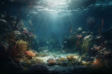 Fototapeta na wymiar Digital painting of the seabed, 3D illustration. Generative AI