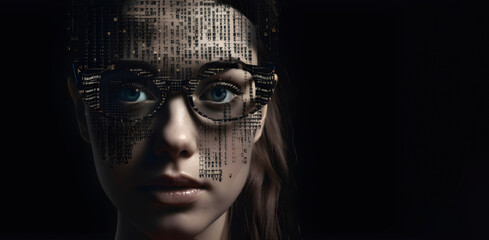 Realistic looking  young women  face with glasses made from binary code on black background, free copy space, AI generated - obrazy, fototapety, plakaty