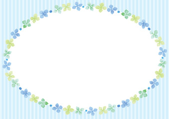 水彩手描きの緑と黄緑と青の花の楕円フレーム