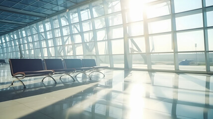 Empty airport space, no people, with morning sun light, AI generated