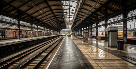 Fototapeta na wymiar Very detailed image of deserted platform at an empty modern railway station, strike concept, AI generated