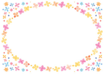 水彩手描きのオレンジとピンクと黄色の花の楕円フレーム