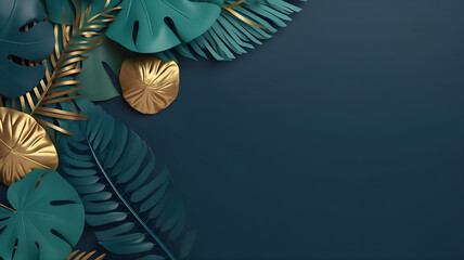 Dark blue, green and golden leaves on dark green background, copy space, top view, AI generated