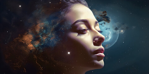 Beautiful female face on space background, AI generated