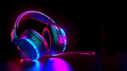 Fototapeta na wymiar Glowing headphone neon on dark background, free copy space. AI generated