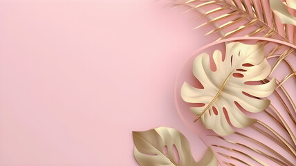 Obraz premium Pink and golden leaves on pink background, copy space, top view, AI generated