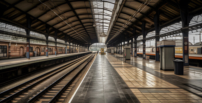 Very detailed image of deserted platform at an empty modern railway station, strike concept, AI generated