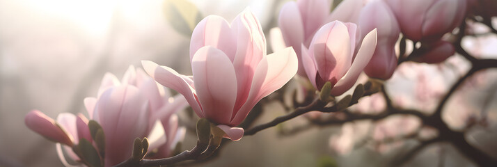 Spring background with blooming magnolia brunches, spring concept, banner, AI generated