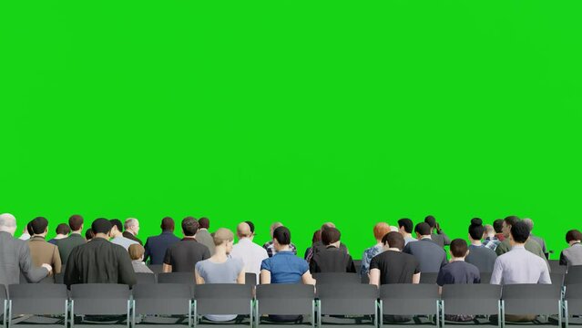 Group of People Sitting on Chair in Rear View for Seminar,Green Screen Background 3d Animation.